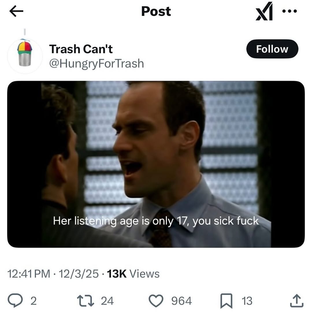 Post eve a Trash Can't @HungryForTrash Нег is only 17, you sick 12:41 12/3/25 Views 2 24