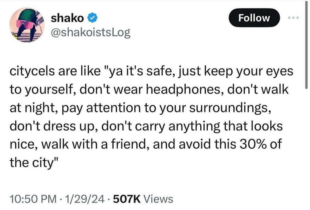 shako @shakoistsLog citycels are like it's safe, just keep your eyes to yourself, don't wear headphones, don't walk at night, pay attention to your surroundings, don't dress up, don't carry anything t