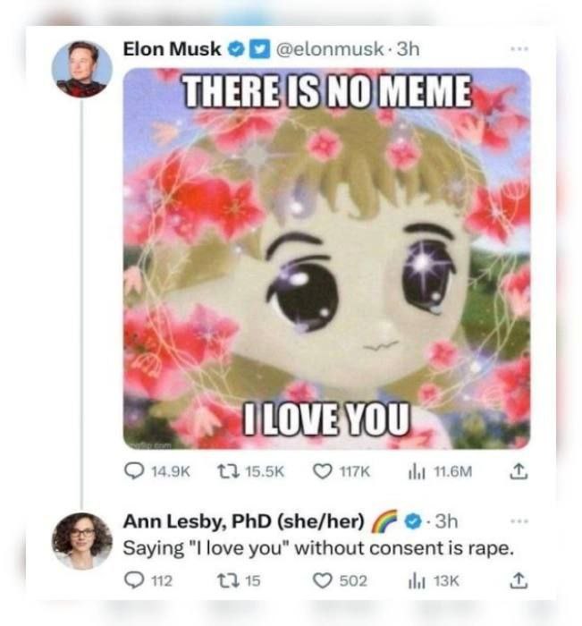 Elon Musk я 2 13155к Ann Lesby, PhD (she/her) Saying "I love you" without consent is rape. On 15 ©502