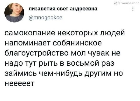 лизаветия свет андреевна 6) @mnogookoe самокопание некоторых людей напоминает собянинское благоустройство мол чувак не надо тут рыть в восьмой раз займись чем-нибудь другим но нееееет