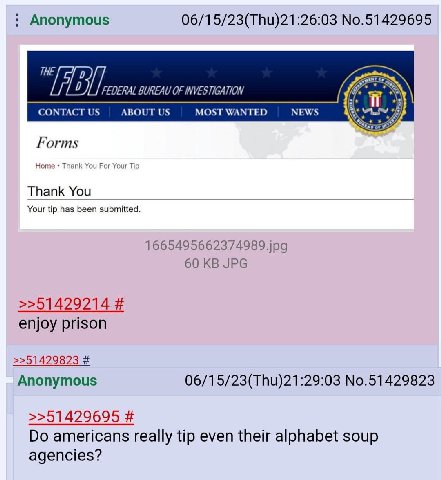 Anonymous 06/15/23(Thu)21:26:03 No.51429695 THE LTH BUREAU OF INVESTIGATION СОМТАСТ 0$ ABOUT MOST WANTED NEWS Forms Thank You Your tip has been submitted. 1665495662374989.jpg 60 JPG >>51429214 enjoy 