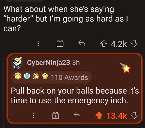 What about when she's saying “harder” but going as hard as can? 4^ 4.2К CyberNinja23 110 Awards Pull back on your balls because it’s time to use the emergency inch. $7