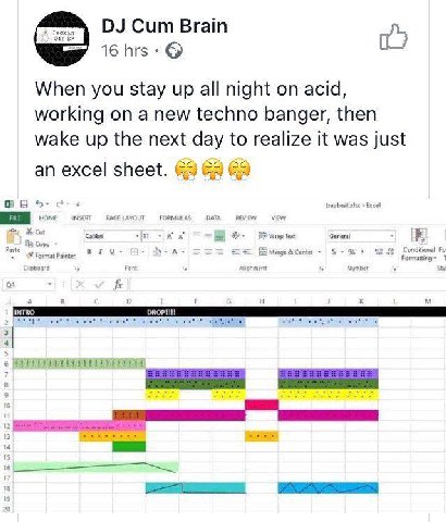 ‘Orr Cum Brain 0) When you stay up all night on acid, working on a new techno banger, then wake up the next day to realize it was just an excel sheet. ©5 Excel HOME INSERT PAGE LAYOUT FORMULAS DATA vi