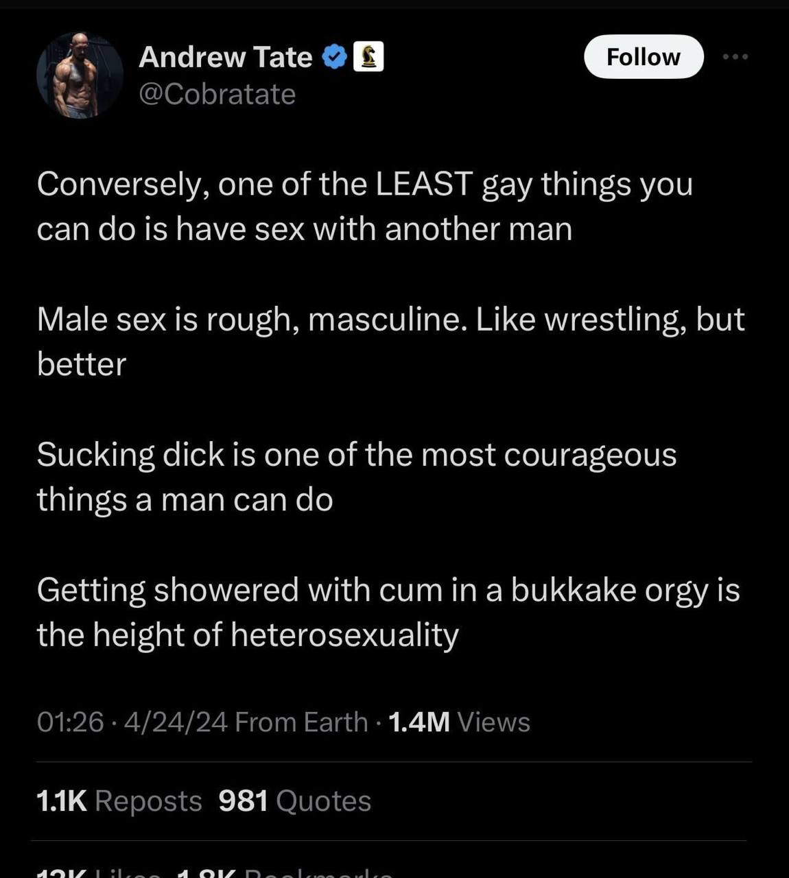 Апагем Follow Conversely, one of the LEAST gay things you can is have sex with another man Male sex is rough, masculine. Like wrestling, but better Sucking dick is one of the most courageous things a 