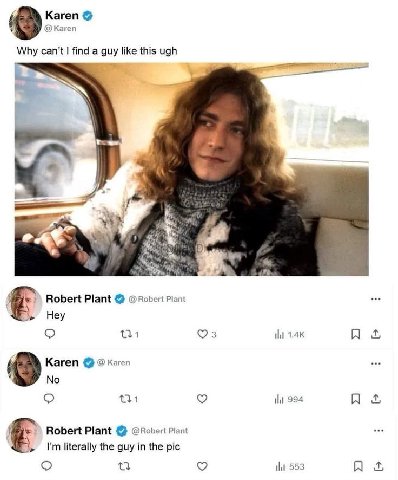 Karen Кагеп Why can’t find а like this ugh 47 Robert Plant Piant Hey 131 3 Karen Karen 131 994 Robert Plant @Robert Plant literally the guy in the pic 553
