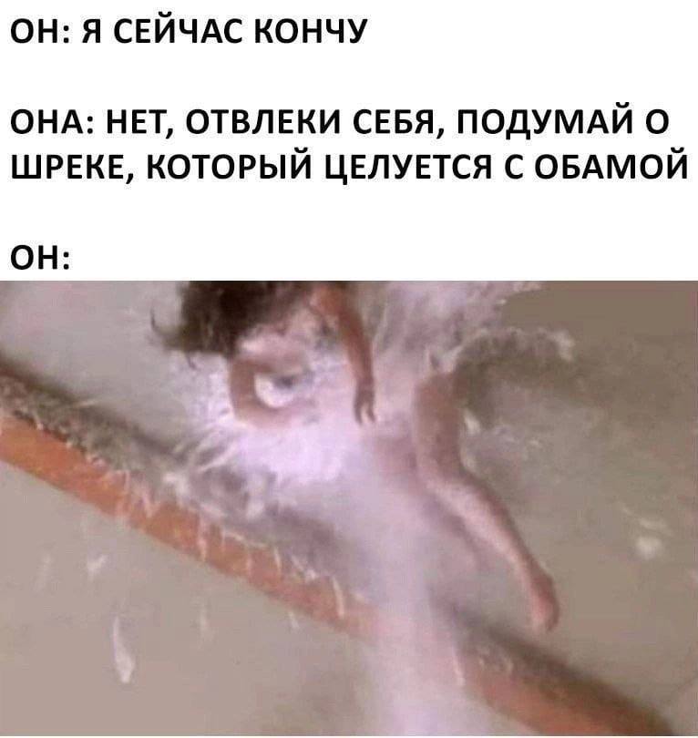 ОН: Я СЕЙЧАС КОНЧУ ОНА: НЕТ, ОТВЛЕКИ СЕБЯ, ПОДУМАЙ О ШРЕКЕ, КОТОРЫЙ ЦЕЛУЕТСЯ С ОБАМОЙ ОН: