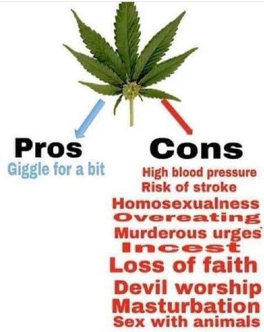 Pros Cons Giggle for a bit High blood pressure Risk of stroke Homosexualness Murderous urges Loss of faith Devil worship Masturbation Sex with animals
