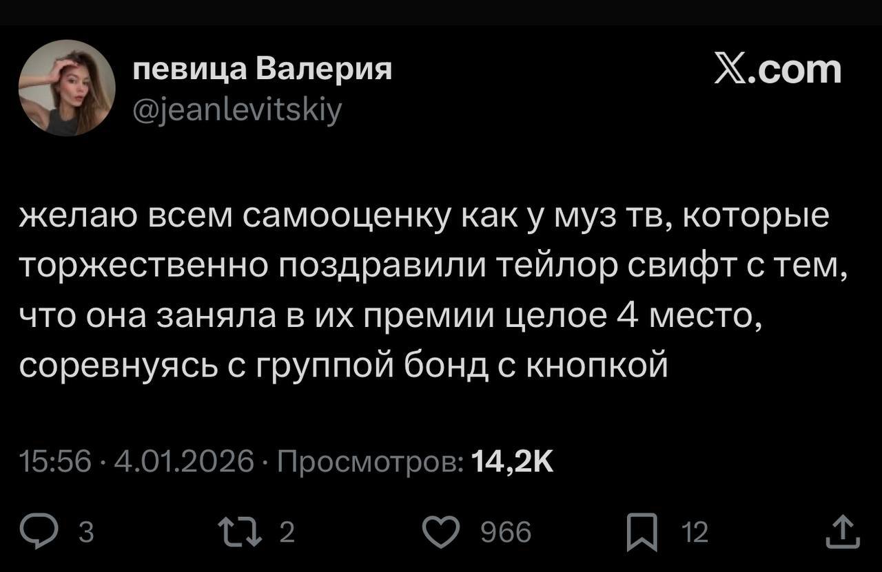 певица Валерия X.com У @jeanlevitskiy желаю всем самооценку каку муз которые торжественно поздравили тейлор свифт с тем, что она заняла в премии целое 4 место, соревнуясь с группой бонд с кнопкой 15:5