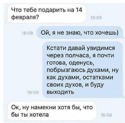 Что тебе подарить на 14 февраля? я не знаю, что хочешь) Кстати давай увидимся через полчаса, я почти готова, оденусь, побрызгаюсь духами, ну как духами, остатками своих духов, и буду выходить ну намек