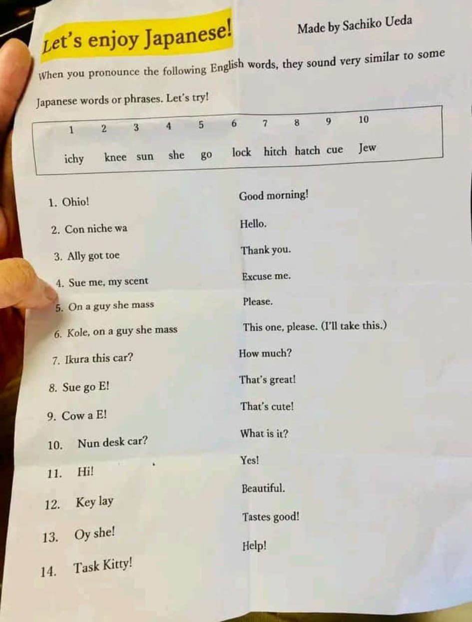 pet’s enjoy Japanese! Made Sachiko Ueda When you pronounce the following English words, they sound very similar to some Japanese words or phrases. try! ichy knee sun she lock hitch hatch cue Jew 1. Oh