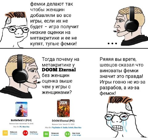 фемки делают так чтобы женщин добавляли во все игры, если не One будет игра получит +7 низкие оценки на метакритике и ее не купят, тупые фемки! eee 227) Тогда почему на Ряяяя вы врете, A метакритике у
