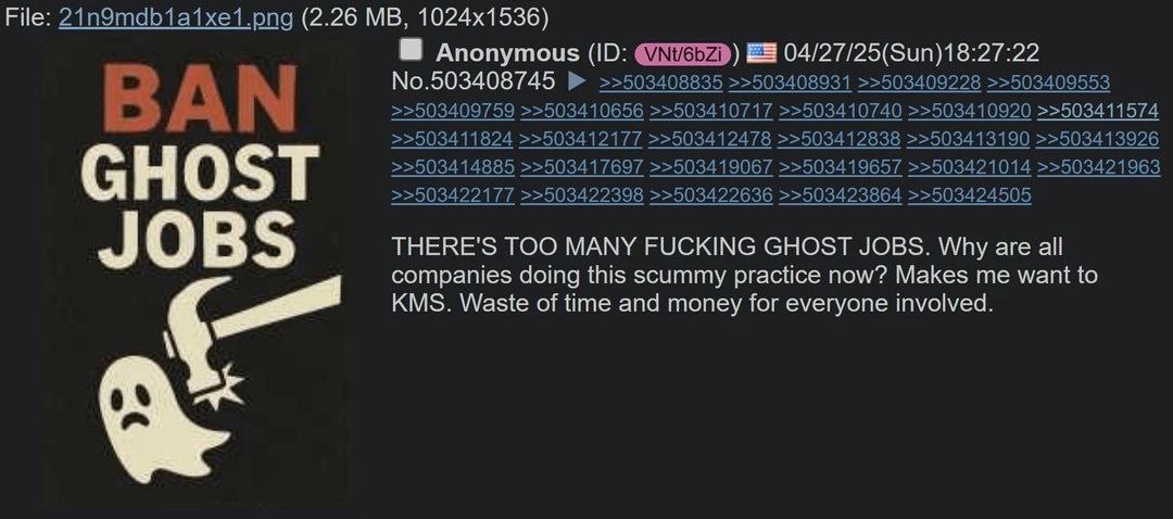 File: (2.26 Anonymous No.503408745 THERE'S TOO MANY FUCKING GHOST JOBS. Why are all companies doing this scummy practice now? Makes me want to KMS. Waste of time and money for everyone involved.