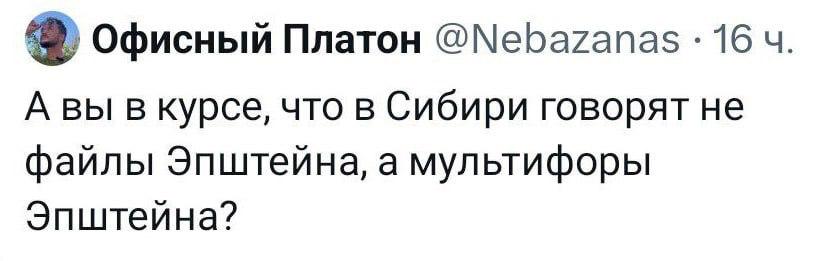 Офисный Платон @Nebazanas 16 А вы в курсе, что в Сибири говорят не файлы Эпштейна, а мультифоры Эпштеина?