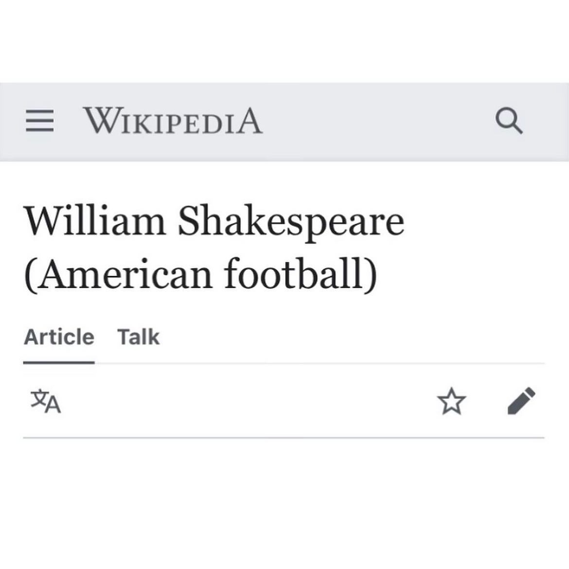 WIKIPEDIA William Shakespeare (American football) Article Talk