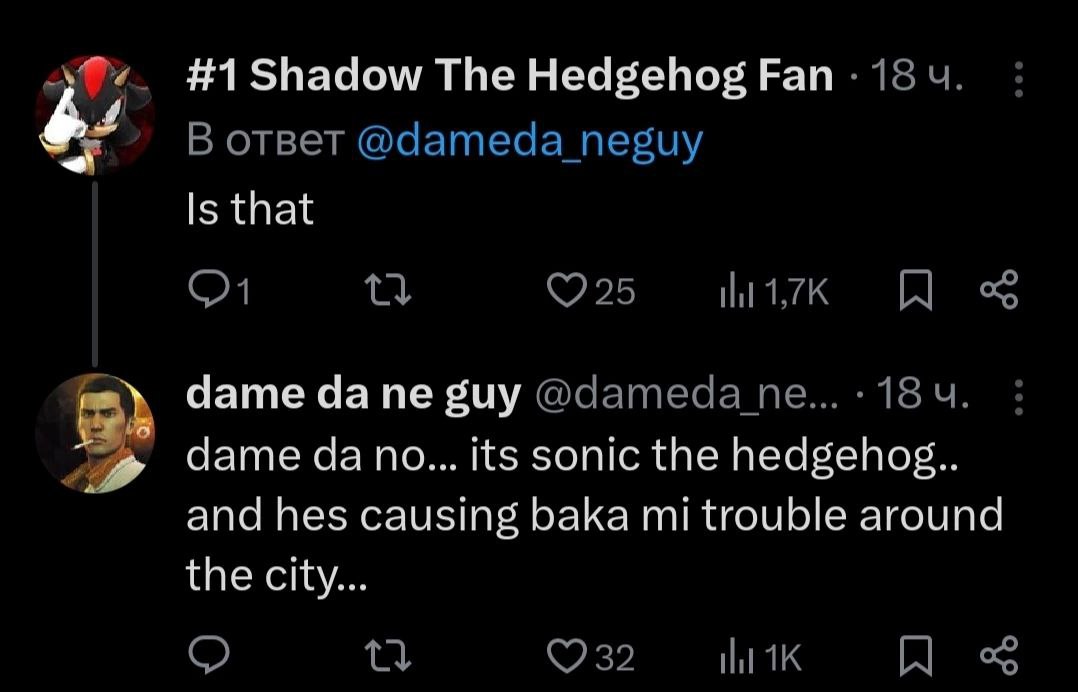 #1 Shadow The Hedgehog Fan 18 У В ответ @dameda_neguy Is that Чате dane guy @dameda_ 18 Чате да по... its sonic the hedgehog.. and hes causing baka trouble around the city... 32