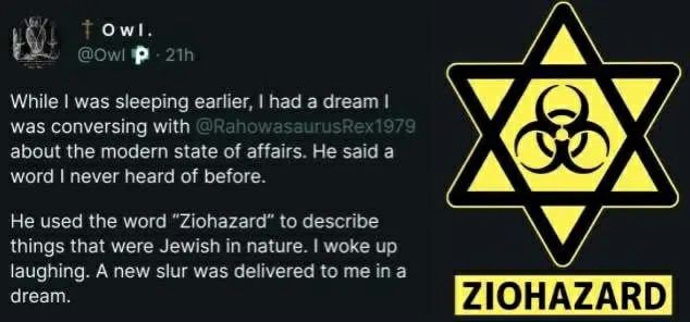 Owl. While was sleeping earlier. Пад а was conversing with about the modern state affairs He за:а а word never heard of before. He used the word to cescrine things that were Jewish In nature. ска laug