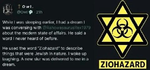 Owl. While was sleeping earlier. Пад а was conversing with about the modern state affairs He за:а а word never heard of before. He used the word to cescrine things that were Jewish In nature. ска laug