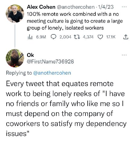 Alex Cohen @anothercohen 1/4/23 100% remote work combined with a no meeting culture is going to create a large group of lonely, isolated workers 2,004 13 4,374 так @FirstName736928 Replying to @anothe