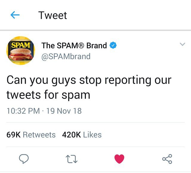 Tweet SPAM The SPAM® Brand @SPAMbrand Can you guys stop reporting our tweets for spam 10:32 19 Nov 18 Retweets Likes