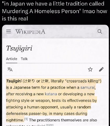 "in Japan we have alittle tradition called Murdering A Homeless Person" Imao how is this real WIKIPEDIA Tsujigiri Article Talk Tsujigiri or literally "crossroads killing”) is a Japanese term for a pra