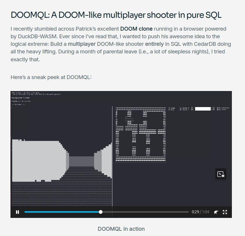 DOOMOL: A DOOM-like multiplayer shooter in pure SOL recently stumbled across excellent DOOM clone running in a browser powered DuckDB-WASM. Ever since I've read that, wanted to push his awesome idea t