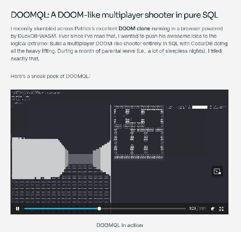 DOOMOL: A DOOM-like multiplayer shooter in pure SOL recently stumbled across excellent DOOM clone running in a browser powered DuckDB-WASM. Ever since I've read that, wanted to push his awesome idea t