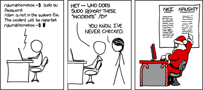 HEY WHO DOES robm@homebox sudo SUDO REPORT THESE. NICE NAUGHTY robm is not inthe sudoers file. “INCIDENTS” 70? This incident will be reported. robm@homebox YOU KNOW, NEVER CHECKED. 711