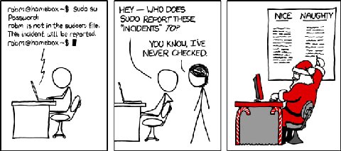 HEY WHO DOES robm@homebox sudo SUDO REPORT THESE. NICE NAUGHTY robm is not inthe sudoers file. “INCIDENTS” 70? This incident will be reported. robm@homebox YOU KNOW, NEVER CHECKED. 711