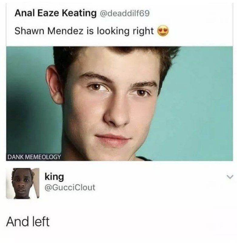 Anal Eaze Keating @deaddilf69 Shawn Mendez is looking right DANK MEMEOLOGY 4 king @GucciClout And left