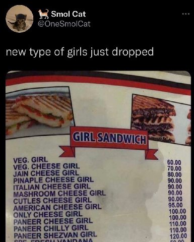 Зто! Cat 7 @OneSmolCat new type of girls just dropped 7% GIRE VEG. GIRL VEG. CHEESE GIRL JAIN CHEESE GIRL 80.00 PINAPLE CHEESE GIRL 90.00 ITALIAN CHEESE GIRL 90.00 MASHROOM CHEESE GIRL 90.00 CUTLES CH