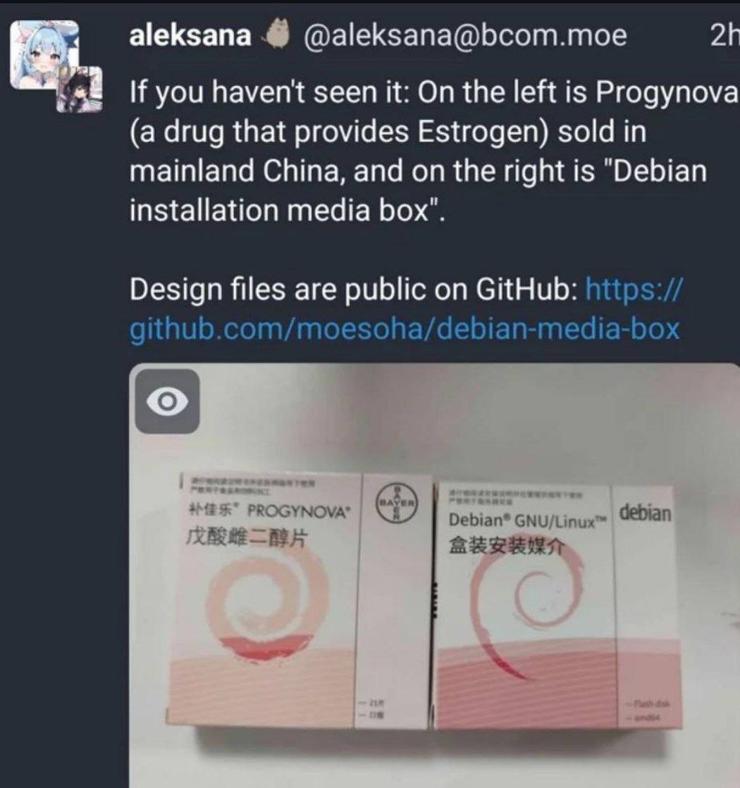 aleksana @aleksana@bcom.moe If you haven't seen it: On the left is Progynova (a drug that provides Estrogen) sold in mainland China, and on the right is "Debian installation media box". Design files a