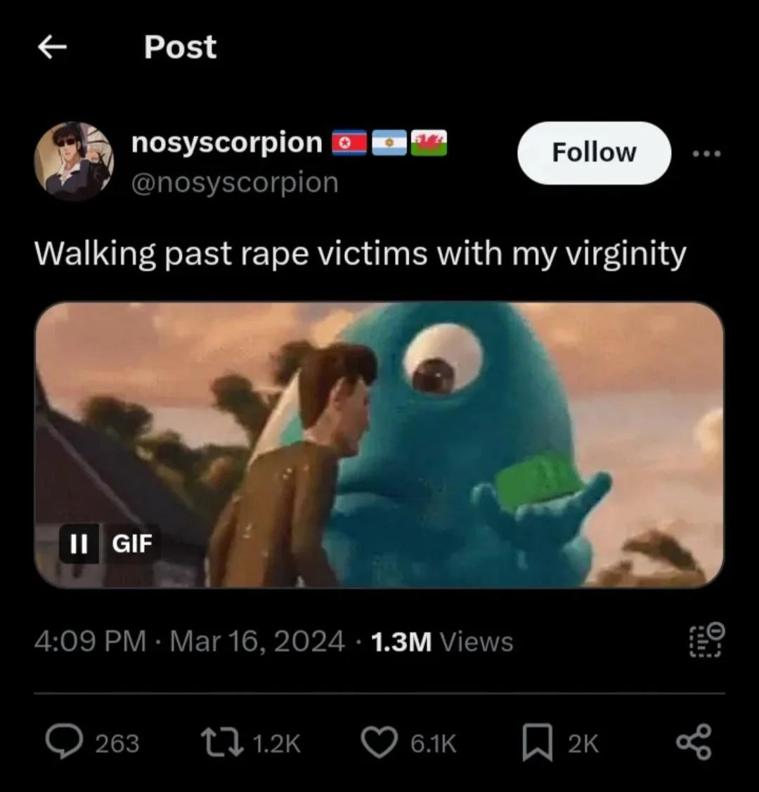 Post nosyscorpion у @позузсогрюп Walking past rape victims with my virginity у GIF 4 4:09 Mar 16, 2024 Views 9