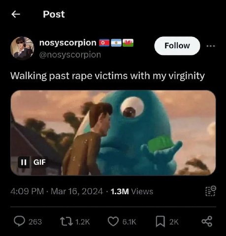 Post nosyscorpion у @позузсогрюп Walking past rape victims with my virginity у GIF 4 4:09 Mar 16, 2024 Views 9