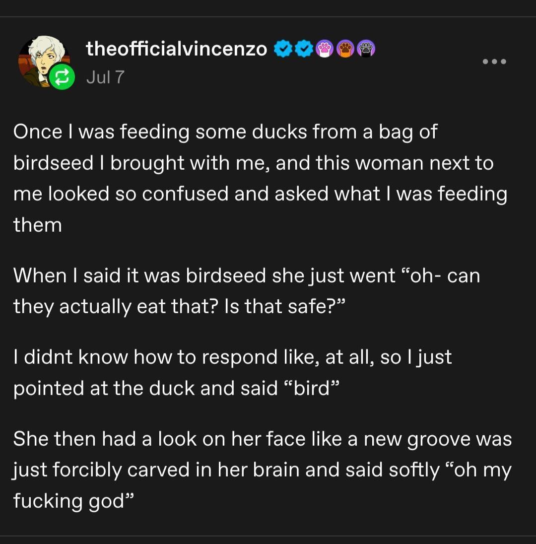 Once was feeding some ducks from а bag of birdseed brought with me, and this woman next to me looked so confused and asked what was feeding them When said it was birdseed she just went can they actual
