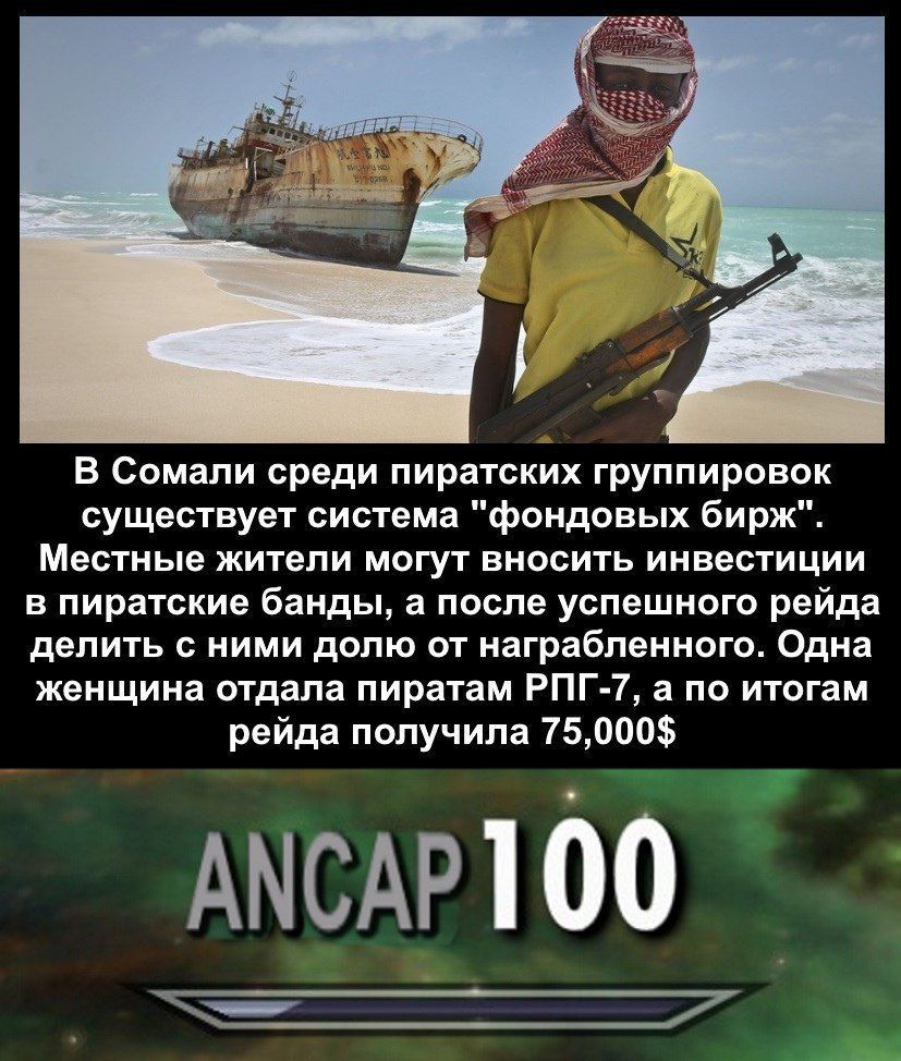 В Сомали среди пиратских группировок существует система "фондовых бирж". Местные жители могут вносить инвестиции в пиратские банды, а после успешного рейда делить с ними долю от награбленного. Одна же
