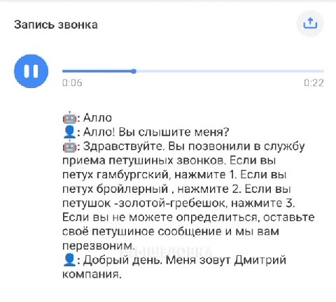 Запись звонка (Ry) ©: Алло! Вы слышите меня? @: Здравствуйте. Вы позвонили в службу приема петушиных звонков. Если вы петух гамбургский, нажмите 1. Если вы петушок -золотой-гребешок, нажмите 3. Если в