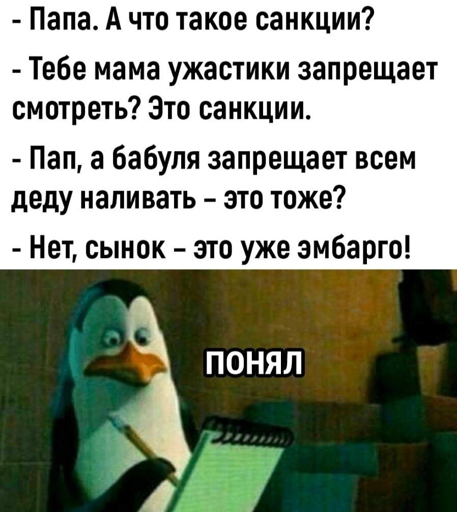 Папа. А что такое санкции? Тебе мама ужастики запрещает смотреть? Это санкции. Пап, а бабуля запрещает всем деду наливать это тоже? Нет, сынок это уже эмбарго! ПОНЯЛ