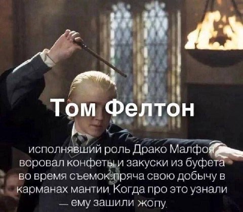 Том Фелто исполнявший роль Драко воровал конфеты и закуски из буфета во время съемок пряча свою добычу в карманах мантии Когда про это узнали ему зашили жопу