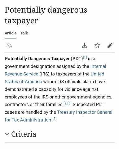 Potentially dangerous taxpayer Article Talk Lowe Potentially Dangerous Taxpayer (РОТ)! is а government designation assigned the Internal Revenue Service (IRS) to taxpayers of the United States of Amer