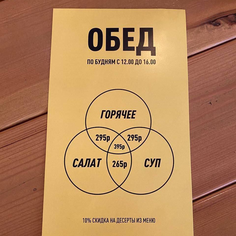 ОБЕД ПО БУДНЯМ 12.00 ДО 16.00 10% СКИДКА НА ДЕСЕРТЫ ИЗ МЕНЮ