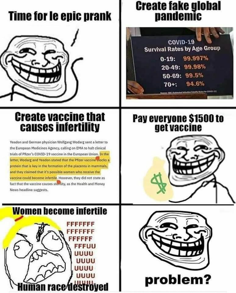 Create fake Time for epic prank pandemic yal Survival Rates Age Group с 0-19: 99.997% 20-49: 99.98% 50-69: 99.5% 20+: 94.6% Create vaccine that Pay everyone $1500 to causes infertility get vaccine Yea