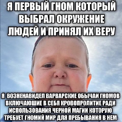 Я ПЕРВЫЙ ГНОМ КОТОРЫЙ ВЫБРАЛ ОКРУЖЕНИЕ ЛЮДЕЙИ ПРИНЯЛ ВОЗНЕНАВИДЕЛ ВАРВАРСКИЕ ОБЫЧАИ ГНОМОВ ВЕЛЮЧАЮШИЕ В СЕБЯ КРОВОПРОЛИТИЕ РАДИ ИСПОЛЬЗОВАНИЯ ЧЕРНОЙ МАГИИ КОТОРУЮ ТРЕБУЕТ ГНОМИЙ МИР ДЛЯ ПРЕБЫВАНИЯ В Н