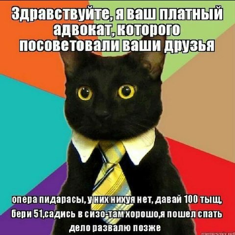 Здравствуйте, Я ваш платный адвокат, которого посоветовали ваши друзья опера пидарасы, унихн wiv нет, давай 100 тыщ, бери 51.садись в пошел спать дело развалю позже