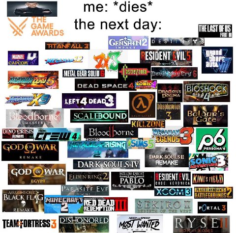 me: *dies the next day: and ESIDENT VIL auch GEAR DEAD SPACE 5 Cate DINO Blooc borne REMAKE 4 ВЕМАКЕ REMAKE HOLLOW KNIGHT ASSASSINS CREED= Eve FLAG КЕМАКЕ REDEMPTION NEED ron SPEED. OF THE WEST 10. OR