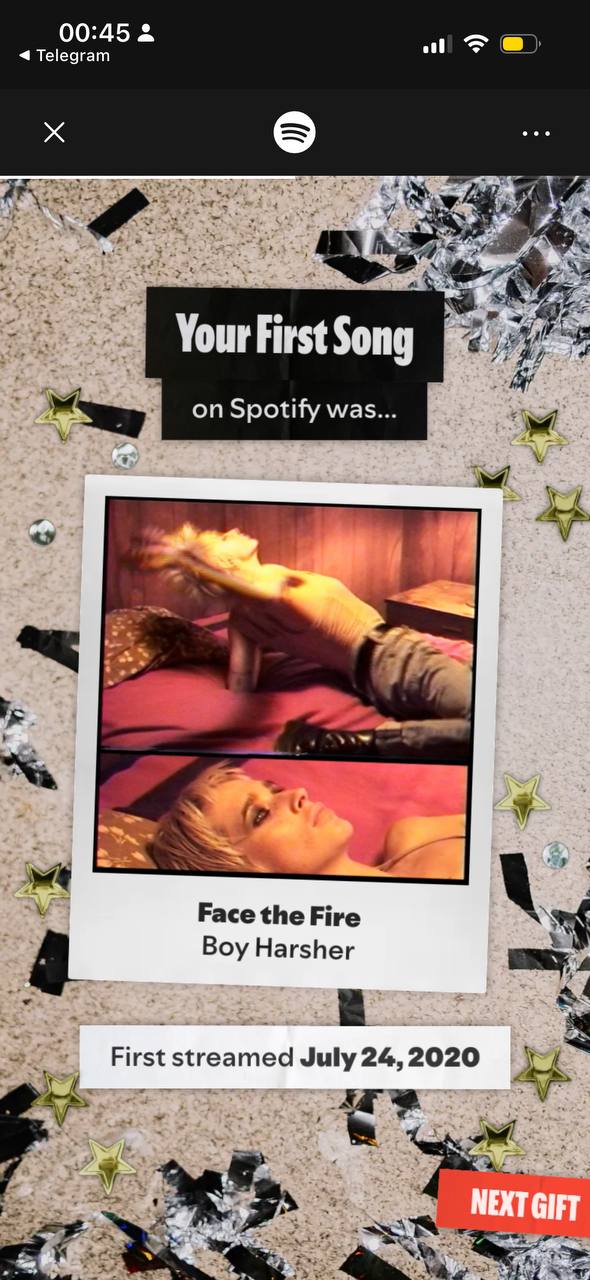 00:45 Telegram 54 Your ist Spotify was... fis Face the Fire Boy Harsher a First streamed July 24, 2020 We