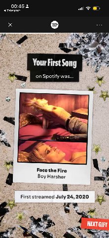 00:45 Telegram 54 Your ist Spotify was... fis Face the Fire Boy Harsher a First streamed July 24, 2020 We