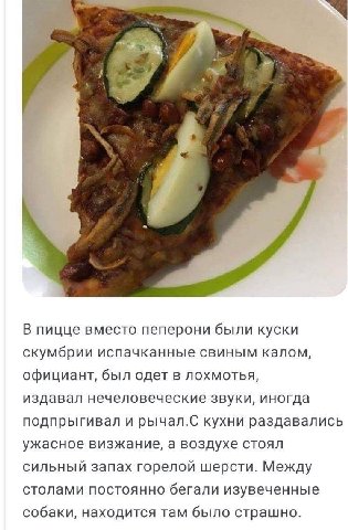 В пицце вместо пеперони были куски скумбрии испачканные свиным калом, официант, был одет в лохмотья, издавал нечеловеческие звуки, иногда подпрыгивал и рычал.С кухни раздавались ужасное визжание, а во