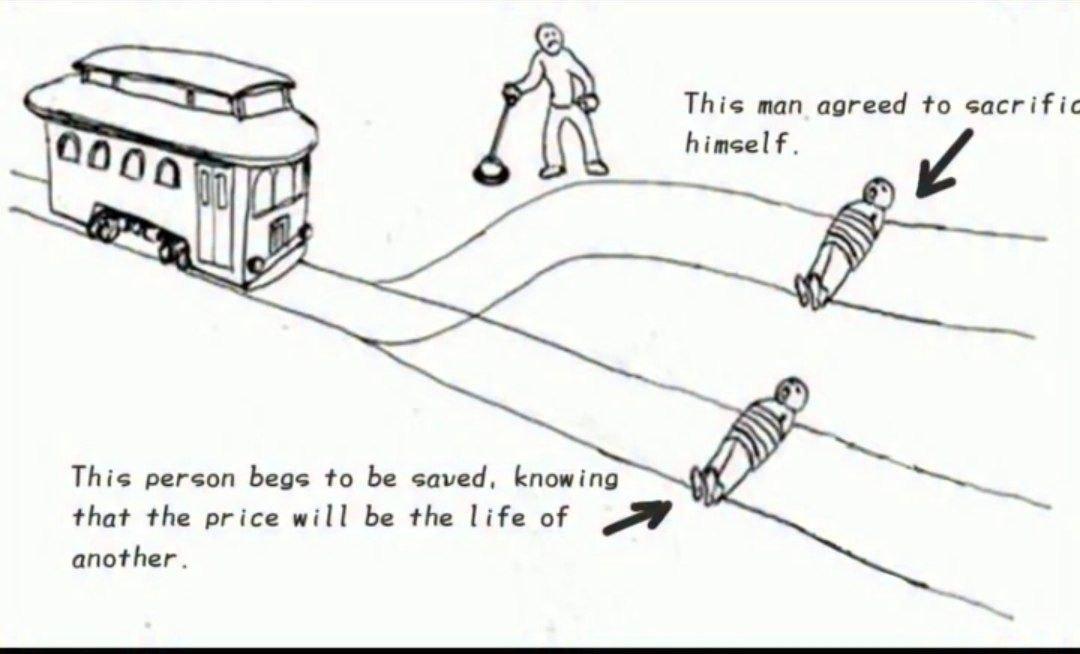 This man agreed to sacrif 007 himsel This person begs to be saved, knowing that the price will be the life of another