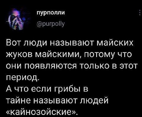 пурполли Вот люди называют майских жуков майскими, потому что ОНИ ПОЯВЛЯЮТСЯ ТОЛЬКО В ЭТОТ период. А что если грибы в тайне называют людей «кайнозойские».