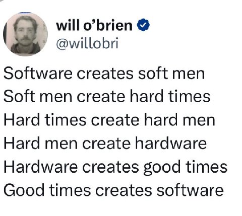 will o’brien (2 @willobri Software creates soft men Soft men create hard times Hard times create hard men Hard men create hardware Hardware creates good times Good times creates software